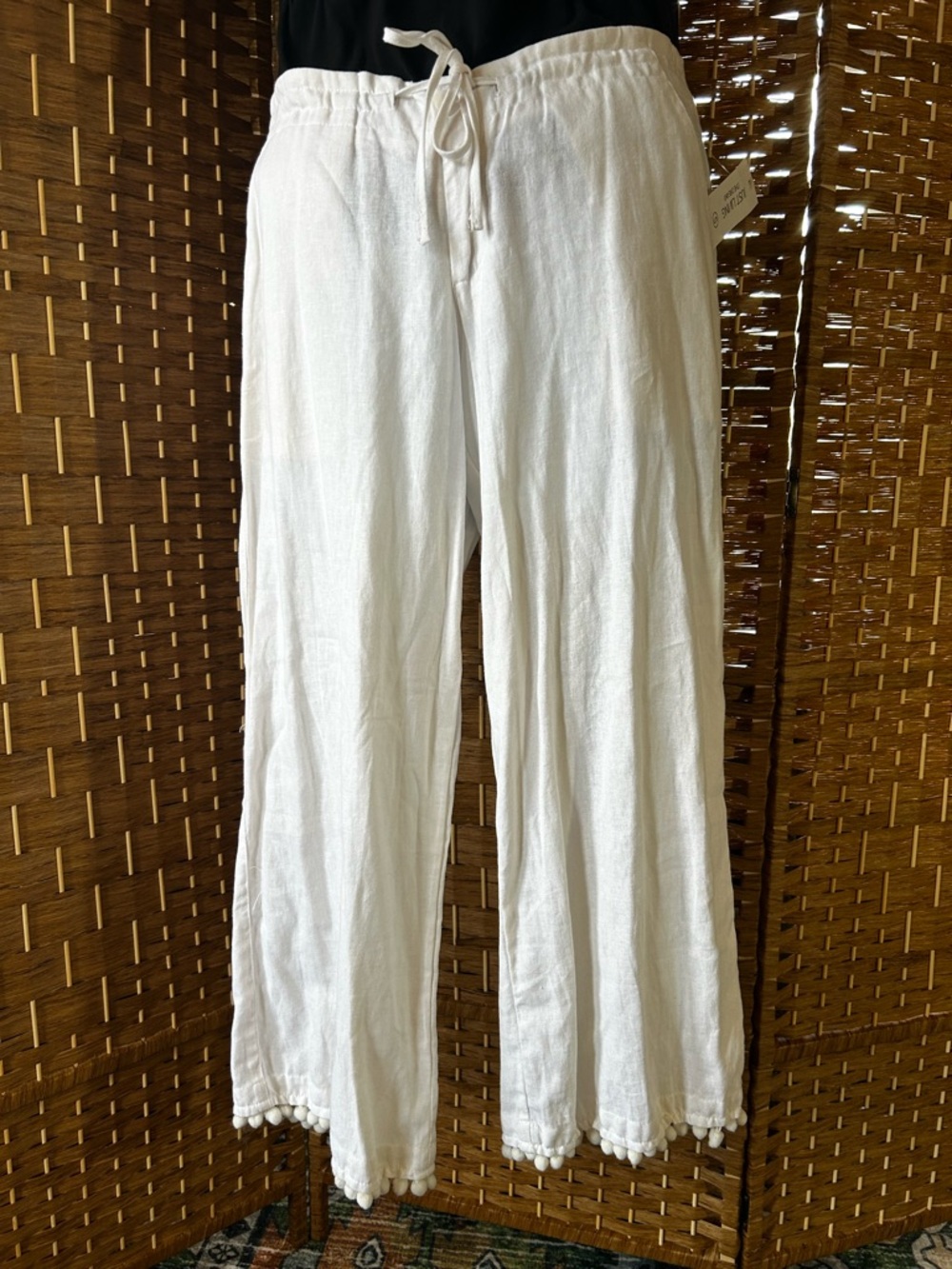 NWT Just Living Linen Blend White Pom Pom Pants Coastal Boho S